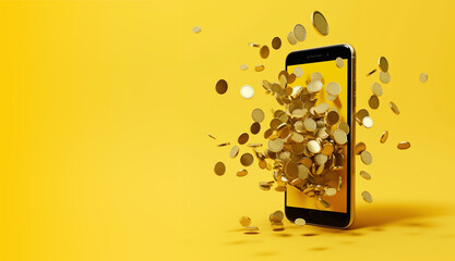 Mobile phone with falling gold coins. Mobile app banner for online banking or loan service - obrazy, fototapety, plakaty