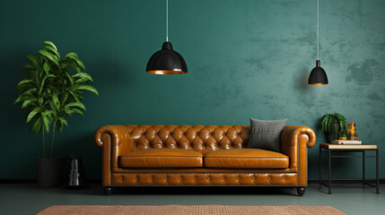 Living room with leather sofa and decoration room on empty dark green wall background