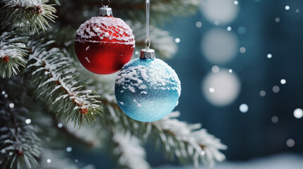 Bright New Year decorations on the Christmas tree, festive background, beautiful card.