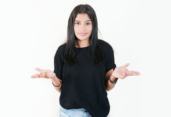 Girl with puzzled face frowning. Puzzled people making hand gestures. Puzzled woman gesturing with...