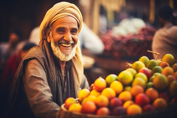 An old smiling street vendor selling colorful fruits in a marketplace in Middle East