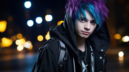 Close-Up of emo Punk Boy with Brightly Colored Hair - obrazy, fototapety, plakaty