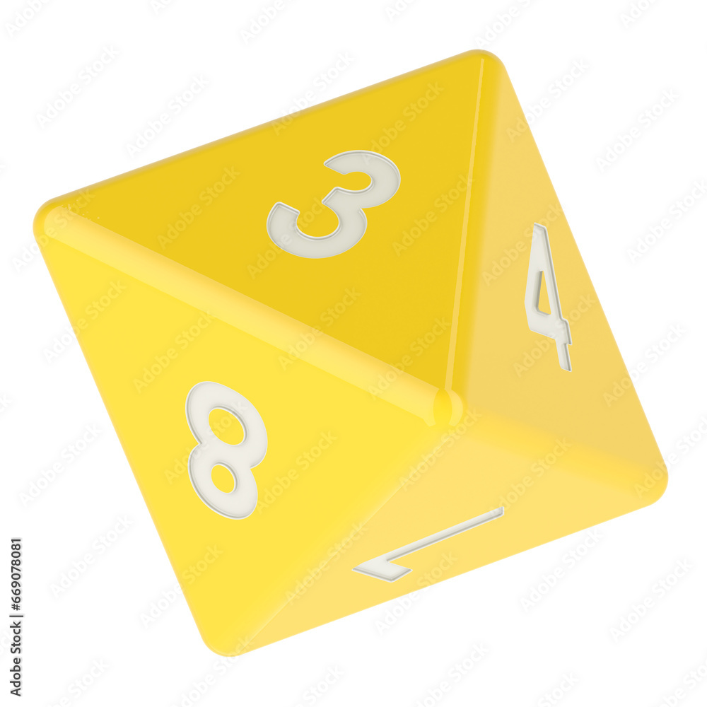 Poster yellow 8 sided die, octahedron dice. 3d rendering isolated on transparent background