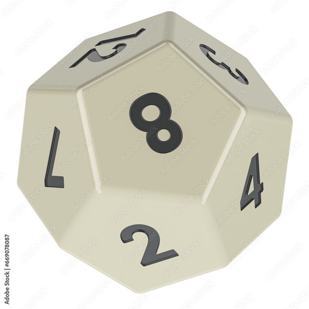 Poster white 12 sided die, dodecahedron dice, 3d rendering isolated on transparent background