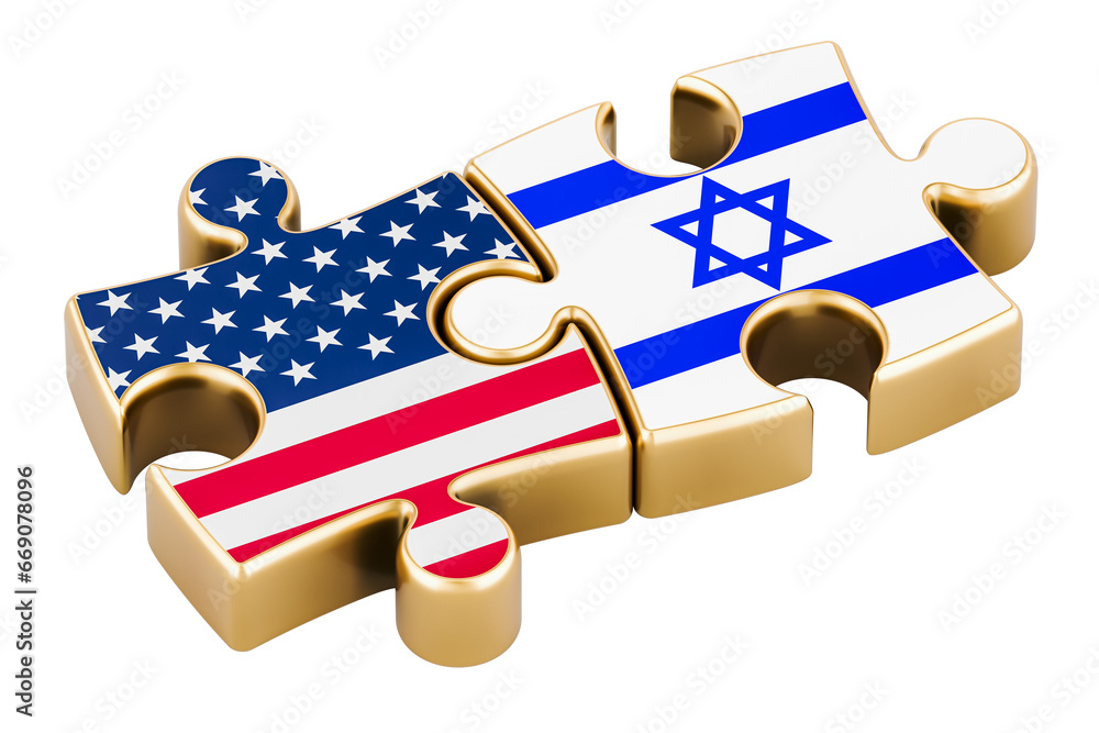 Poster the usa and israel puzzles from flags, relation concept. 3d rendering isolated on transparent backgr