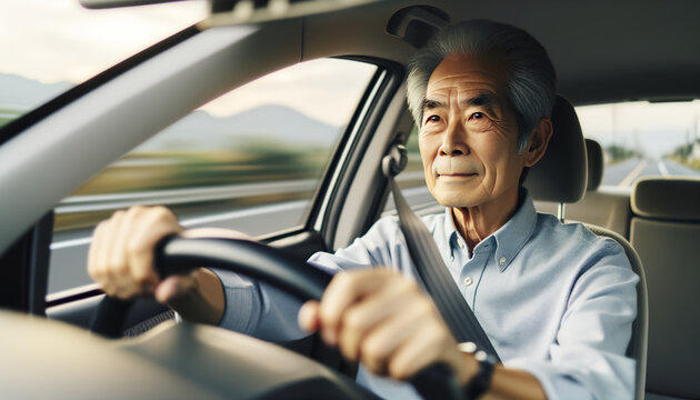 日本の高齢男性ドライバーが自信を持って車を運転