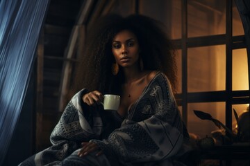 a young gorgeous dreamy african woman sitting on a sofa cuddled and wrapped in a soft blanket drinking tea or coffee in a warm room, winter outside