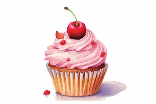 Watercolor cupcake with sprinkles and a cherry on top on white background. AI generated