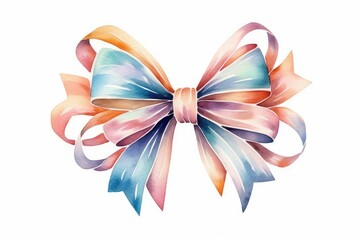 Watercolor gift bow with ribbons and curls, single, on white background. AI generated