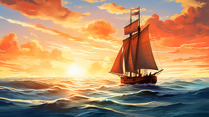Illustration of a small sailboat - obrazy, fototapety, plakaty