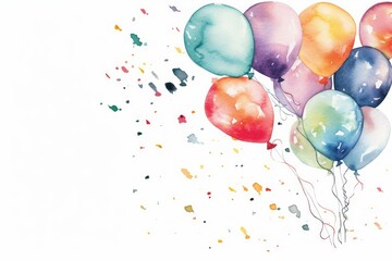 Watercolor party invitation with balloons and confetti on white background. AI generated