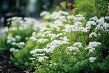 White flowers in the garden in the summer. Selective focus, select focus image of small white flower bed in the garden, AI Generated