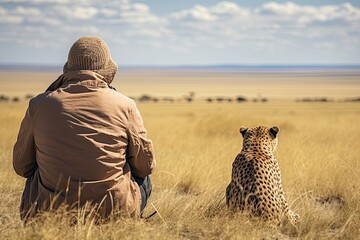 Cheetah sits on the back of a man in the savannah, rear view of Photographer taking picture of cheetah in Masai Mara, Kenya, AI Generated