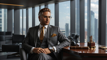 Businessman in a suit in an office with a cigar in a skyscraper