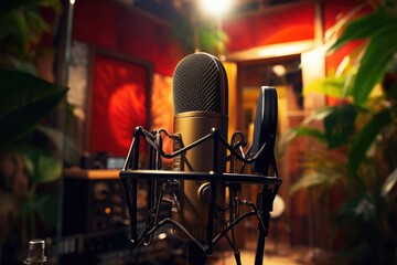 Microphone on a stand in a recording studio or recording studio, recording studio in the background with a microphone, AI Generated