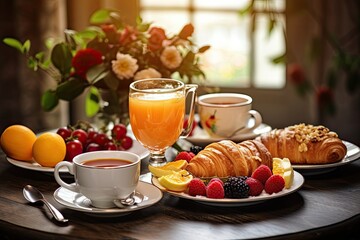 Breakfast with coffee, croissants, orange juice and fruits, Rice with vegetables and shrimps on Black background, top view, AI Generated
