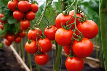 Ripe red tomatoes on a branch in a greenhouse, close-up, Ripe red tomatoes growing on a branch in a greenhouse. Close up, AI Generated