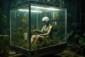 Fototapeta na wymiar Woman sitting in a glass aquarium with plants and looking at the camera, Robots farming fuman, AI Generated