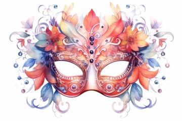 Watercolor party mask with feathers and glitter accents on white background. AI generated