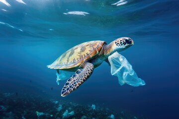 Fototapeta premium Green sea turtle swimming in the blue water with a plastic bag, Sea turtle with plastic bags in the ocean. Concept of environmental pollution, AI Generated