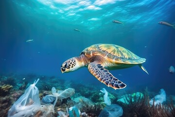 Fototapeta premium Green sea turtle with plastic trash on the bottom of the ocean, Sea turtle with plastic garbage in the ocean. Pollution of nature concept, AI Generated