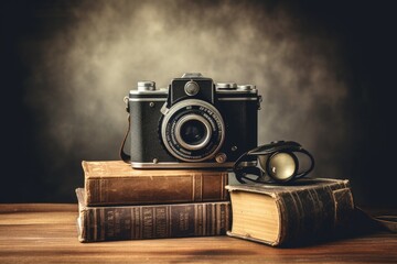 Vintage camera, books and glasses on wooden table. filtered image, render of a sexy woman in black lingerie over grey background, AI Generated - obrazy, fototapety, plakaty