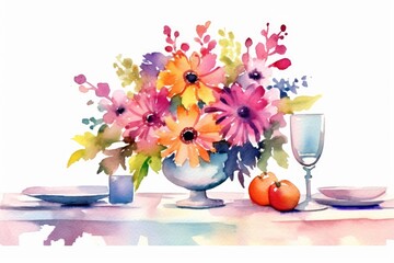 Watercolor party table setting with a colorful centerpiece on white background. AI generated