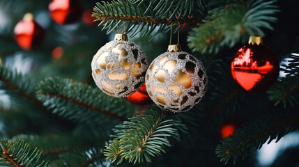 Bright New Year decorations on the Christmas tree, festive background, beautiful card.
