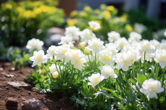 Beautiful white tulip flowers blooming in the spring garden, select focus image of small white flower bed in the garden, AI Generated
