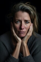 Sad, anxious, or abused woman sitting on the couch, Generative AI