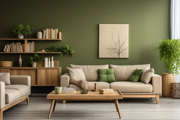 Living room interior design, beige, brown and green colored furniture and wooden elements