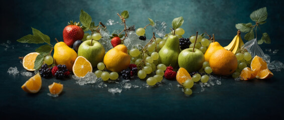 panoramic format web banner filled with whole and sliced fresh fruits