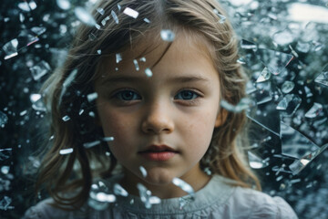Composite collage is an image of a little girl looking through the shards of a mirror made of broken glass. the concept of tragedy, car accident