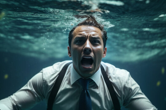 businessman diving underwater and screaming. It represents a metaphorical depiction of stress, frustration, or feeling overwhelmed in a business context, facing intense pressure