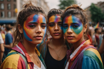 girls with painted rainbow colors on faces during lgbt demonstration 