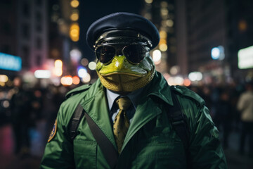 human evolved from frogs wearing police uniform with aviator sunglasses solving crimes in new york city at night - obrazy, fototapety, plakaty