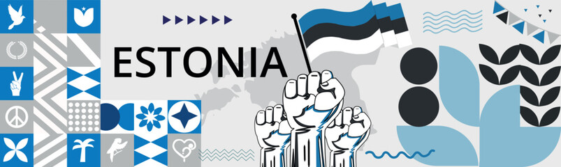 Estonia Map and raised fists. National day or Independence day design for Estonia celebration. Modern retro design with abstract icons. Vector illustration.
