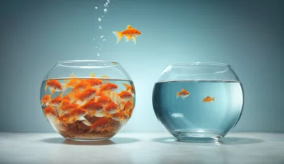Fotobehang I'm not like others - be different concept - goldfish jumping in a bigger fish bowl © Roman