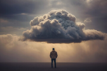 Man with cloud over his head depicting solitude and depression, abstract concept of loneliness and anxiety, isolated on gray background