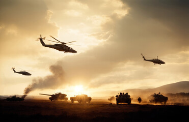 Fototapeta na wymiar Military helicopters, forces and tanks in plane in war at sunset 