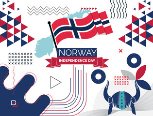 Norway national day banner design. Norwegian flag and map theme with Oslo Viking helmet background. Template vector Norway flag modern design. Abstract geometric retro shapes of red and blue color. 