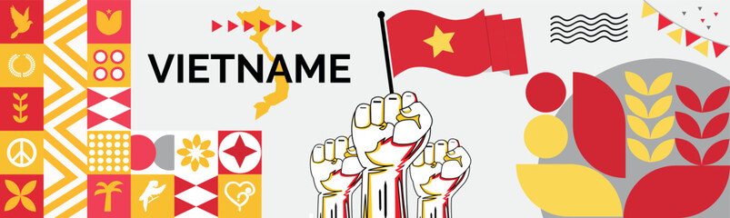 VIETNAME national day banner with map, flag colors theme background and geometric abstract retro modern colorfull design with raised hands or fists.