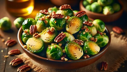 A delectable close-up of honey-glazed Brussels sprouts topped with crushed pecans, highlighting a favored side dish during the holiday feast.
 - obrazy, fototapety, plakaty