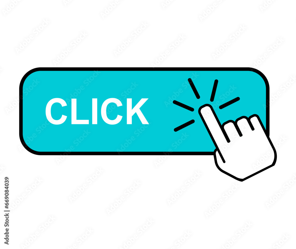 Aufkleber click here web button, internet flat pointer design, press link vector illustration