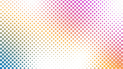 vector horizontal background in rainbow gradient halftone colors with randomly scattered dots.