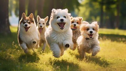 Cute puppies running on the lawn in the park