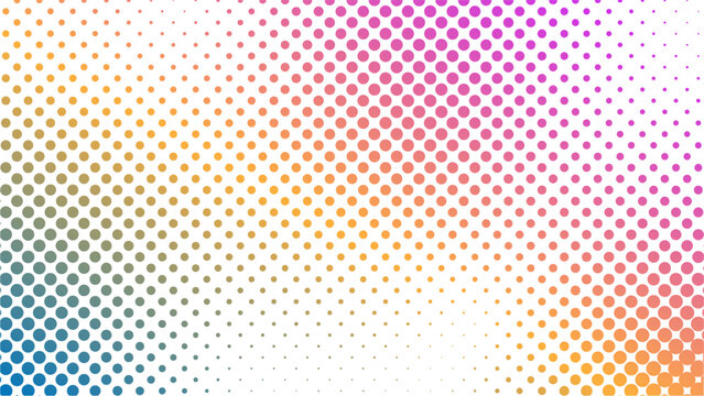 vector horizontal background in rainbow gradient halftone colors with randomly scattered dots.