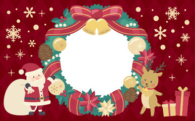 クリスマスリースのイラスト赤背景_横1