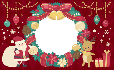クリスマスリースのイラスト赤背景_横2