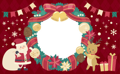 クリスマスリースのイラスト赤背景_横4